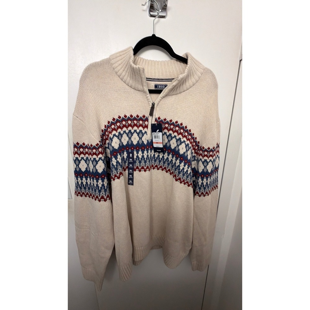 IZOD Mens 3XB Quarter Zip Fair Isle Sweater Rock Heather Cream Cotton Blend NWT
